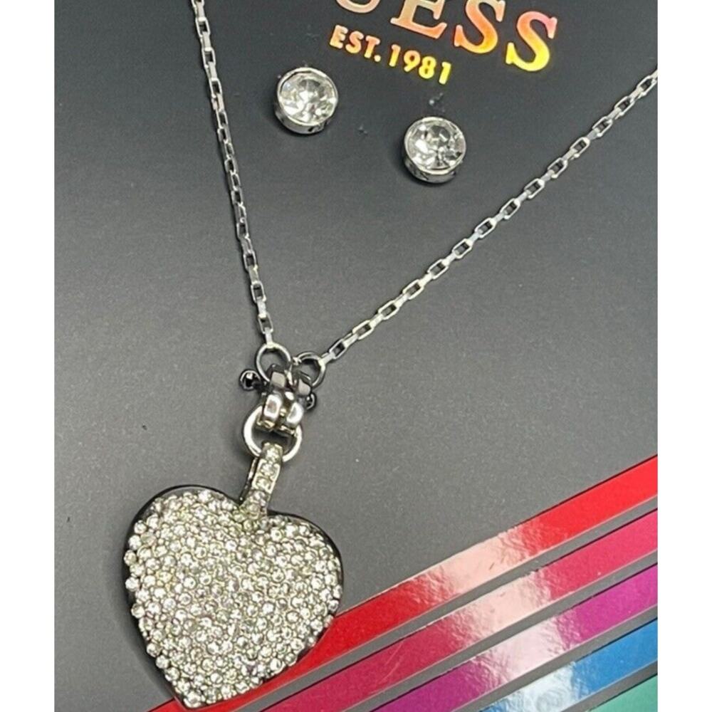 Guess Silver Tone Heart Charm Necklace Earrings (3pc Set) Chic Trendy Style NWT